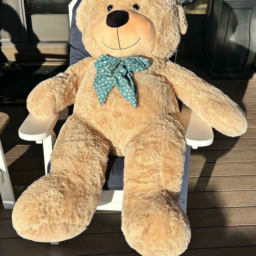 Giant Beige Teddy Bear Plush with Teal Bow